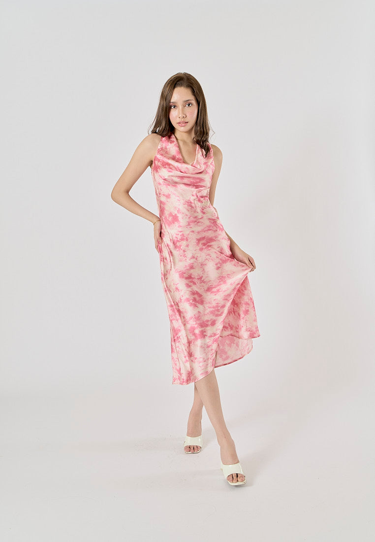 Diodora Pink Tie-Dye Cowl Neck Hollow Out Back Midi Dress