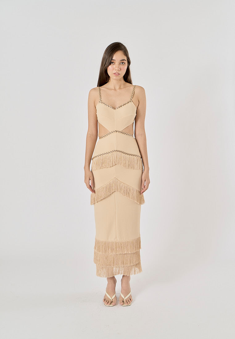 Cashmere Khaki Waist Hollow Out Front Tassel Midi Dress