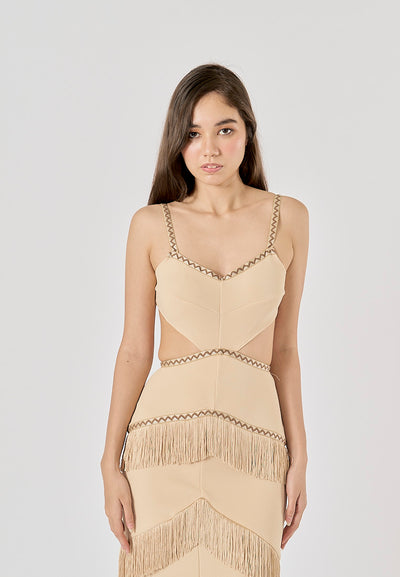 Cashmere Khaki Waist Hollow Out Front Tassel Midi Dress