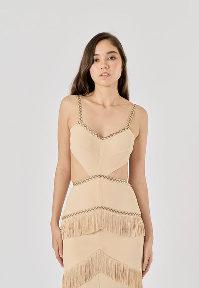 Cashmere Khaki Waist Hollow Out Front Tassel Midi Dress