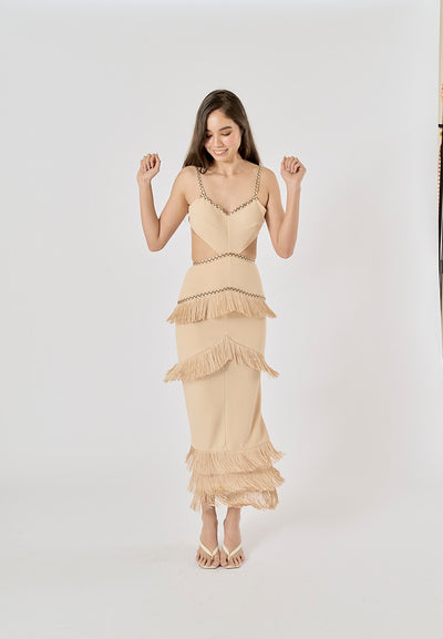 Cashmere Khaki Waist Hollow Out Front Tassel Midi Dress