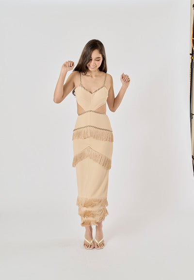 Cashmere Khaki Waist Hollow Out Front Tassel Midi Dress