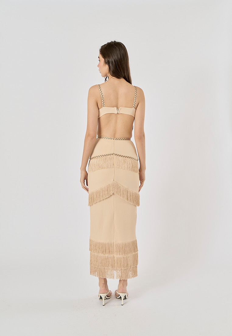 Cashmere Khaki Waist Hollow Out Front Tassel Midi Dress