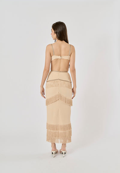 Cashmere Khaki Waist Hollow Out Front Tassel Midi Dress