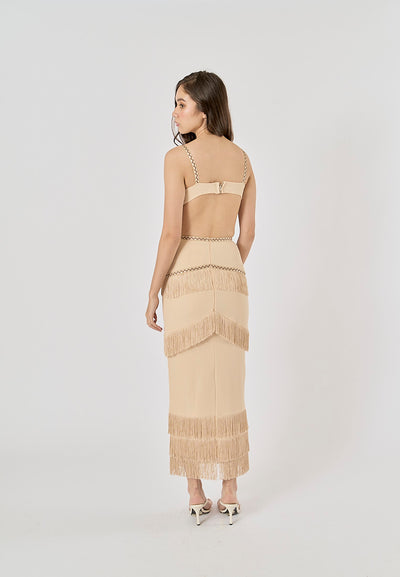 Cashmere Khaki Waist Hollow Out Front Tassel Midi Dress