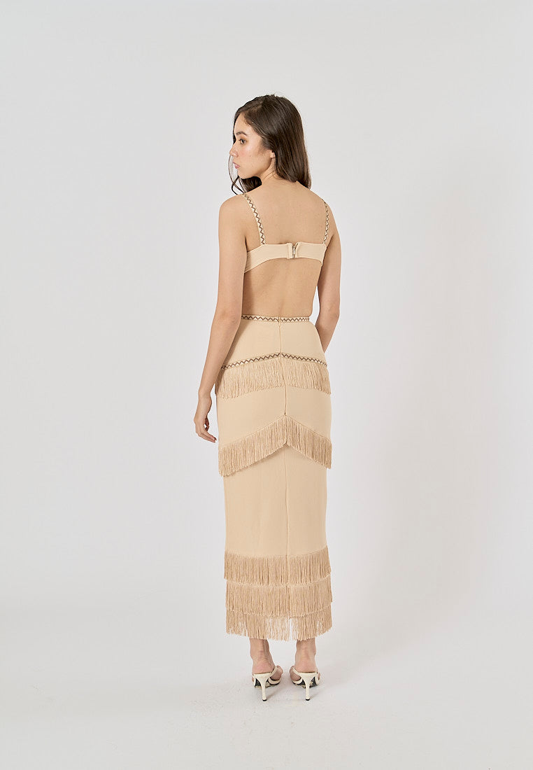 Cashmere Khaki Waist Hollow Out Front Tassel Midi Dress