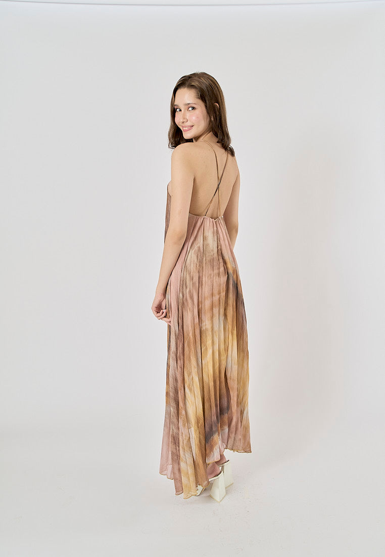 Domenica Tie Dye Print Beaded Halter Neck Pleated Midi Dress