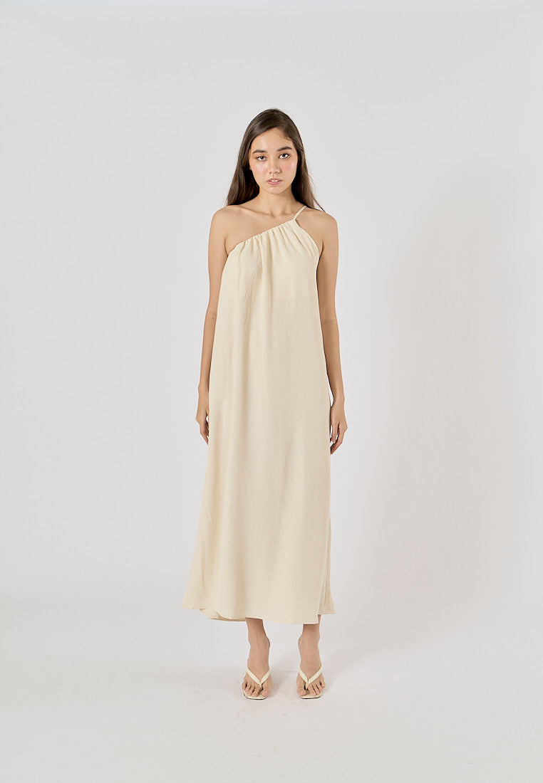 Dindraine Cream Asymmetric Pleated Midi Dress