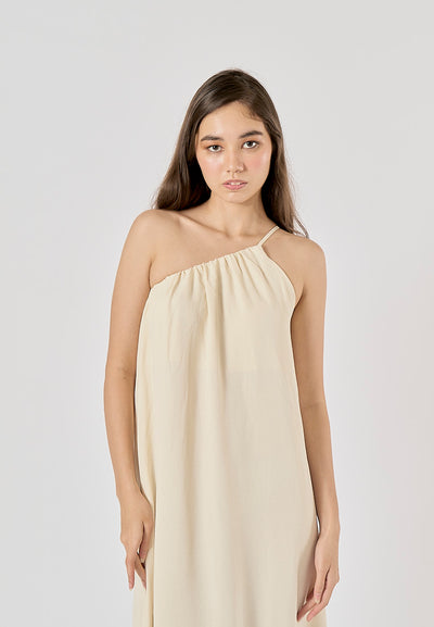 Dindraine Cream Asymmetric Pleated Midi Dress