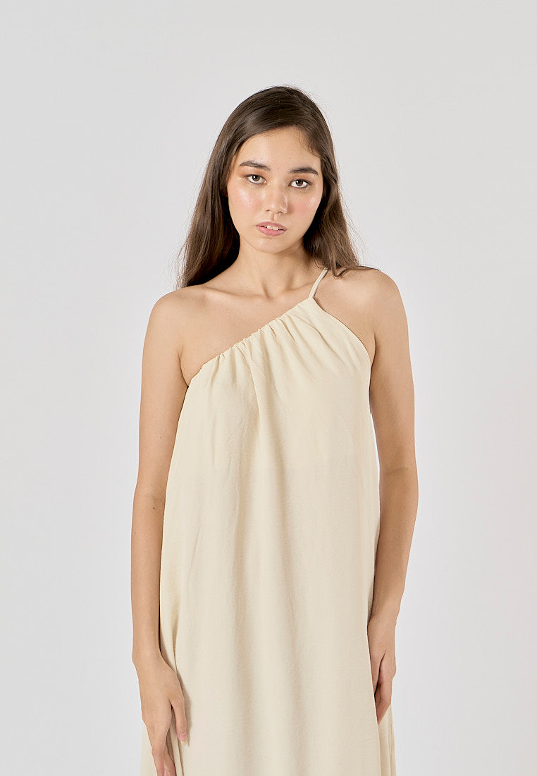 Dindraine Cream Asymmetric Pleated Midi Dress