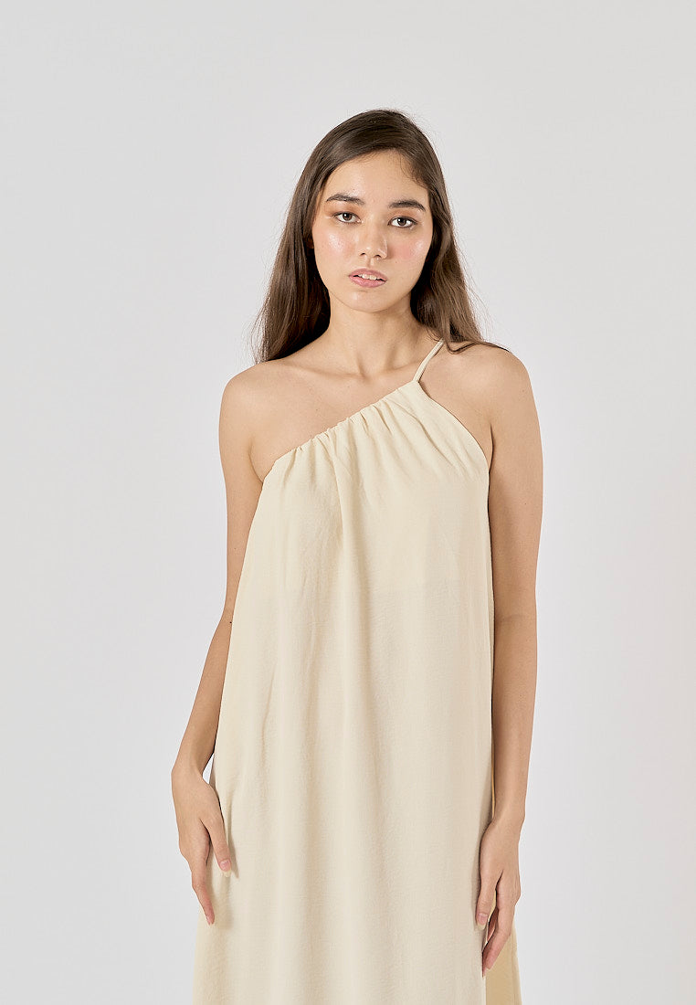 Dindraine Cream Asymmetric Pleated Midi Dress