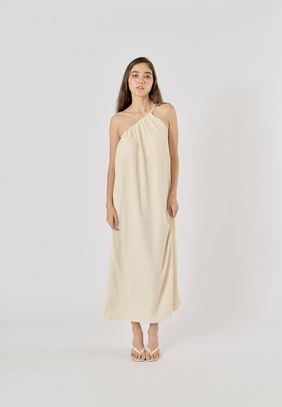 Dindraine Cream Asymmetric Pleated Midi Dress