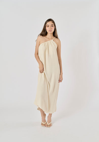 Dindraine Cream Asymmetric Pleated Midi Dress