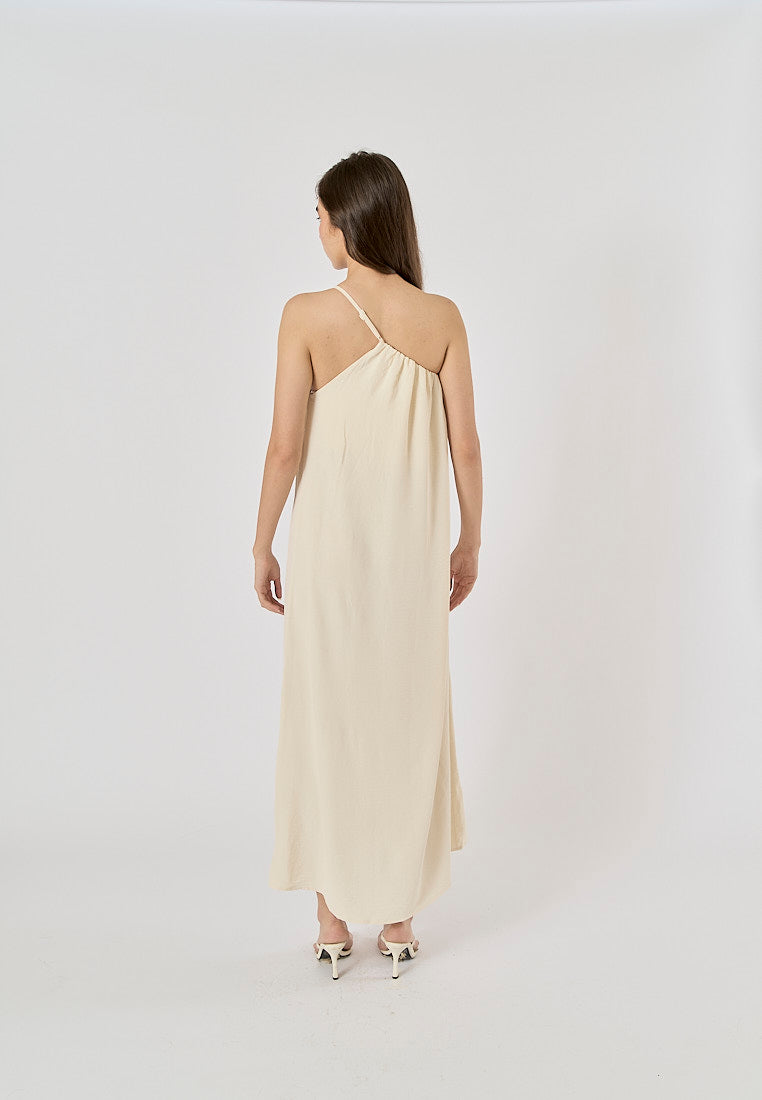 Dindraine Cream Asymmetric Pleated Midi Dress