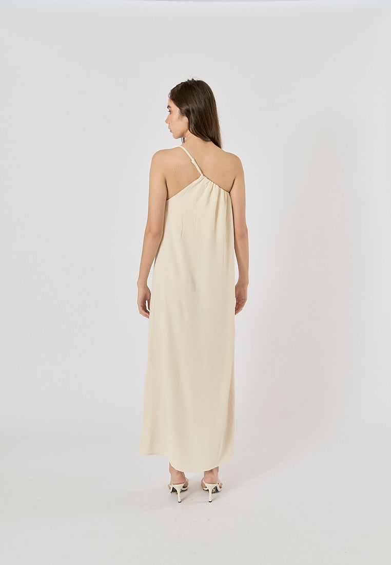 Dindraine Cream Asymmetric Pleated Midi Dress