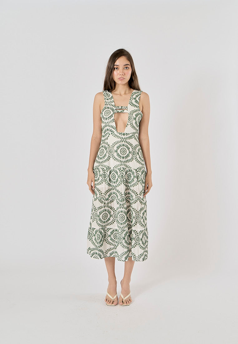 Zafreen Green Mandala Print Front Hollow Out Maxi Dress