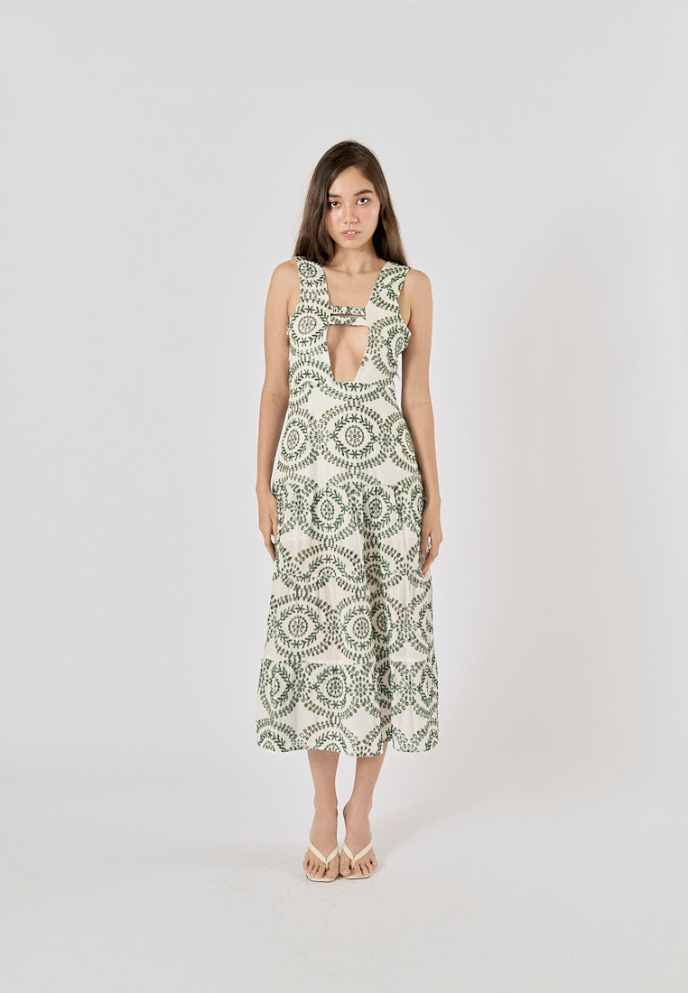 Zafreen Green Mandala Print Front Hollow Out Maxi Dress