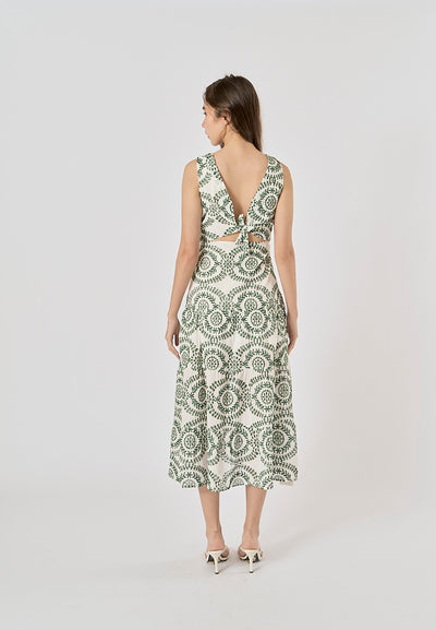 Zafreen Green Mandala Print Front Hollow Out Maxi Dress