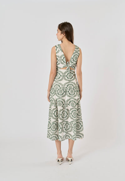 Zafreen Green Mandala Print Front Hollow Out Maxi Dress