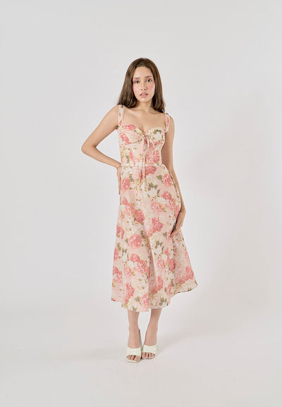 Armintia Multi Color Floral Print Front Lace up Midi Dress