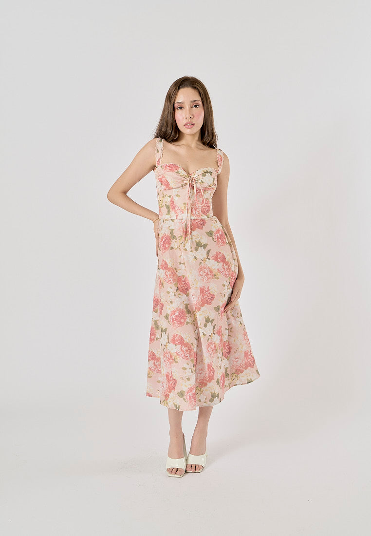 Armintia Multi Color Floral Print Front Lace up Midi Dress