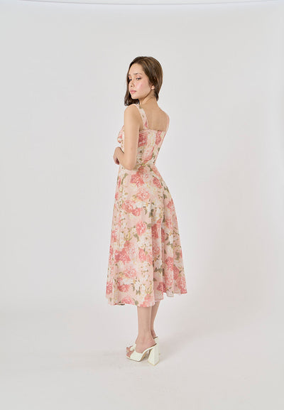 Armintia Multi Color Floral Print Front Lace up Midi Dress