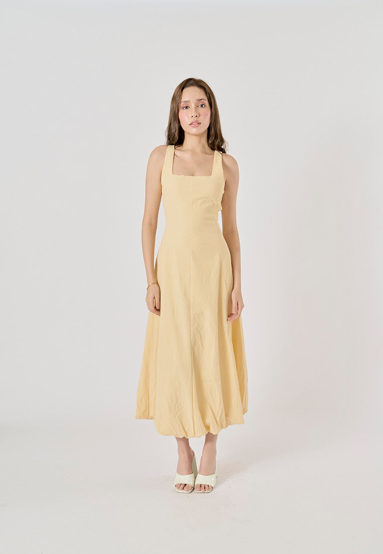 Saab Pastel Yellow Pleated Baloon Midi Dress