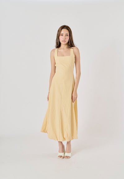 Saab Pastel Yellow Pleated Baloon Midi Dress