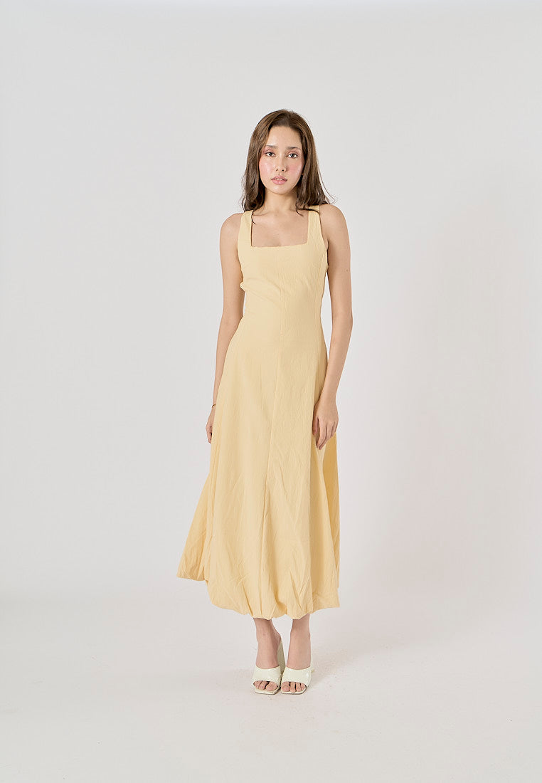 Saab Pastel Yellow Pleated Baloon Midi Dress