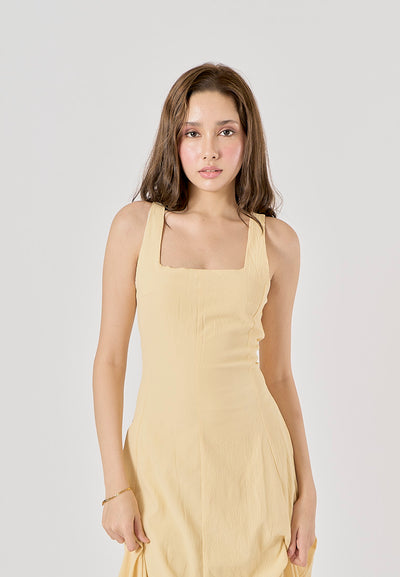 Saab Pastel Yellow Pleated Baloon Midi Dress