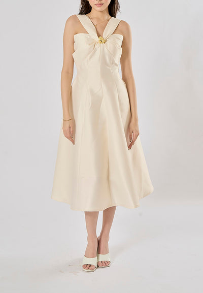 Maan White Halter Sweetheart Neckline Pleated Midi Dress