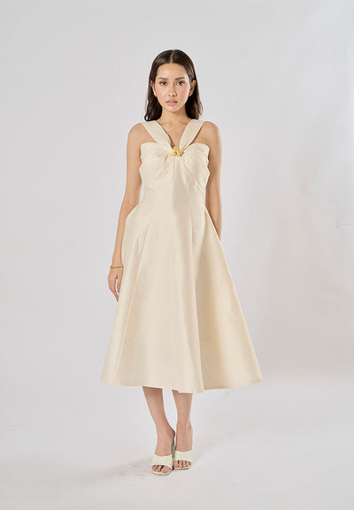 Maan White Halter Sweetheart Neckline Pleated Midi Dress