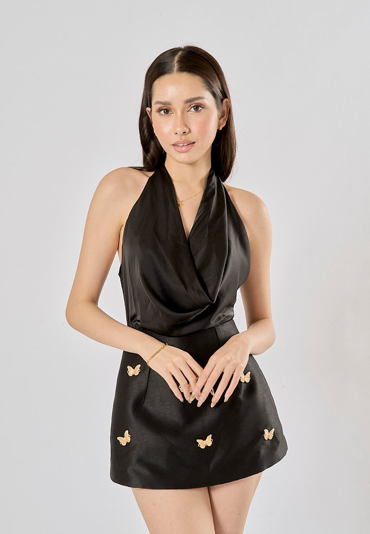 Akito Black Cowl Neck With Butterflies Detail Mini Dress