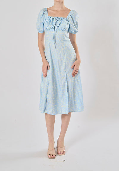 Dorris Light Blue Floral Print Square Collar Short Puff Sleeve Side Split Maxi Dress