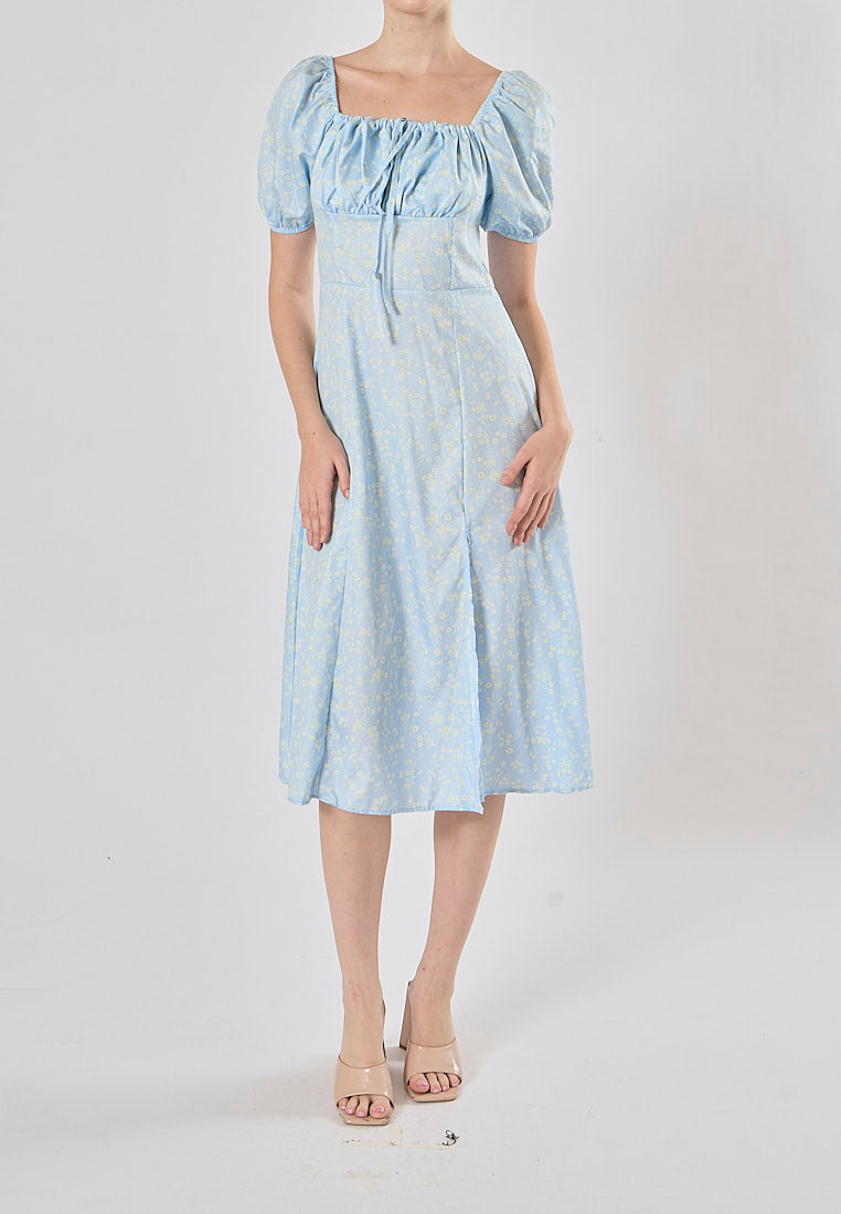 Dorris Light Blue Floral Print Square Collar Short Puff Sleeve Side Split Maxi Dress