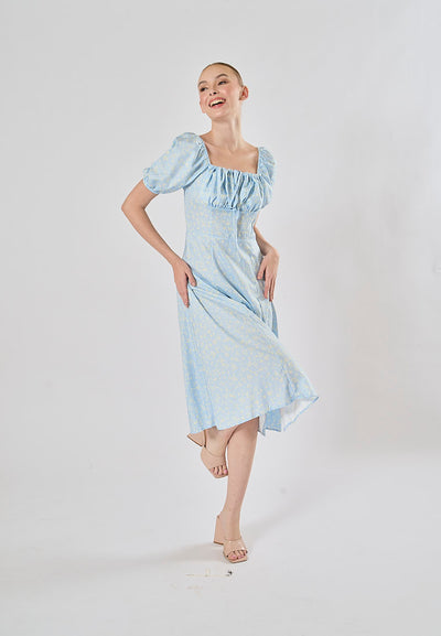 Dorris Light Blue Floral Print Square Collar Short Puff Sleeve Side Split Maxi Dress