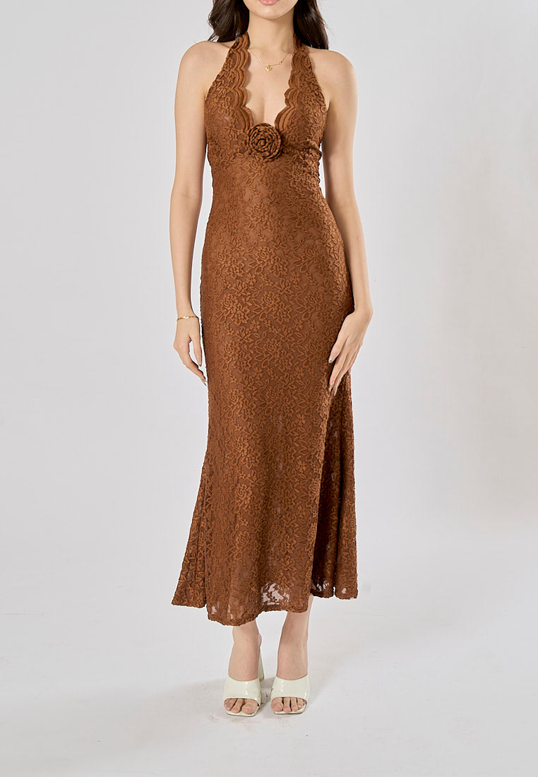 Tierneigh Dark Brown Halter Neck Lace Bodycon Maxi Dress