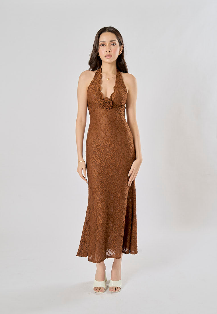 Tierneigh Dark Brown Halter Neck Lace Bodycon Maxi Dress