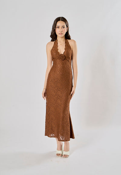 Tierneigh Dark Brown Halter Neck Lace Bodycon Maxi Dress