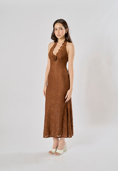 Tierneigh Dark Brown Halter Neck Lace Bodycon Maxi Dress