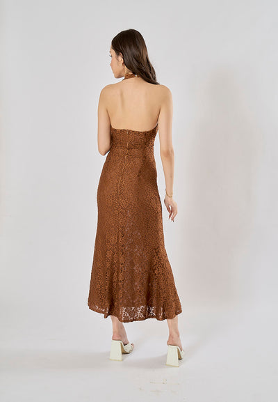 Tierneigh Dark Brown Halter Neck Lace Bodycon Maxi Dress