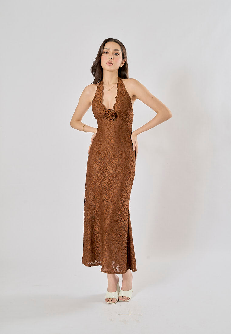 Tierneigh Dark Brown Halter Neck Lace Bodycon Maxi Dress