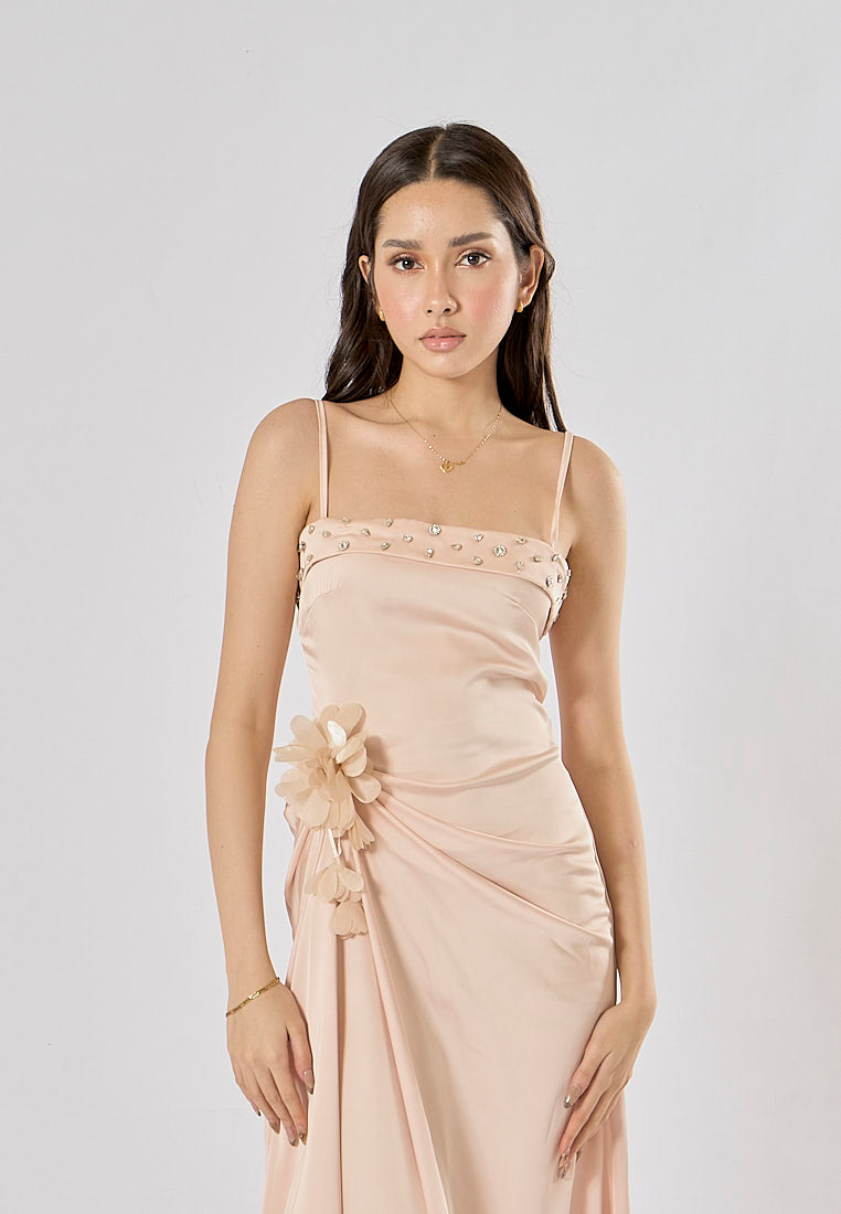 Imogen Light Pink Sleveless Satin Flower and Rhinestone Midi Dress