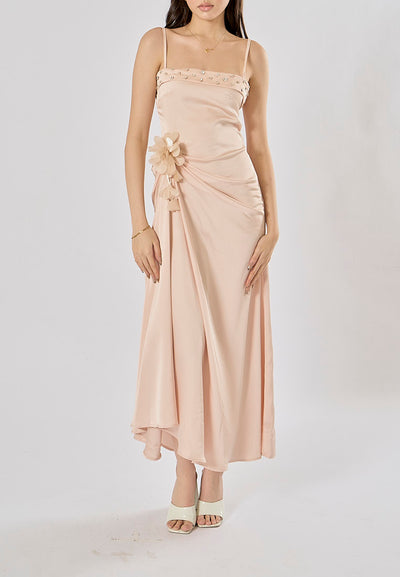 Imogen Light Pink Sleveless Satin Flower and Rhinestone Midi Dress