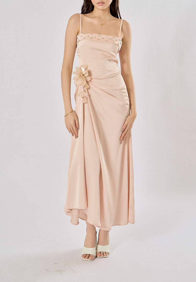 Imogen Light Pink Sleveless Satin Flower and Rhinestone Midi Dress