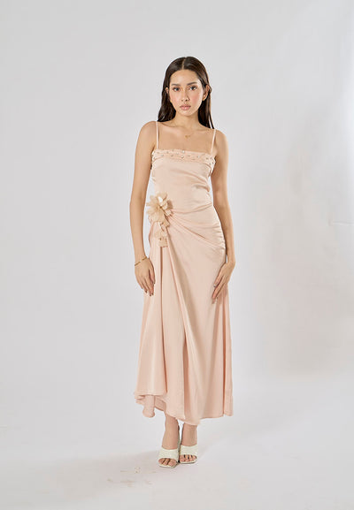 Imogen Light Pink Sleveless Satin Flower and Rhinestone Midi Dress