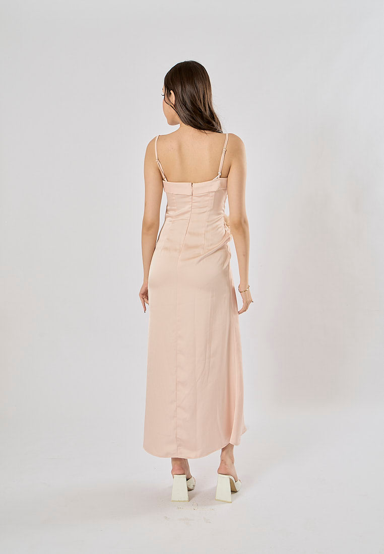 Imogen Light Pink Sleveless Satin Flower and Rhinestone Midi Dress