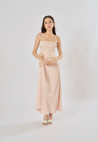 Imogen Light Pink Sleveless Satin Flower and Rhinestone Midi Dress