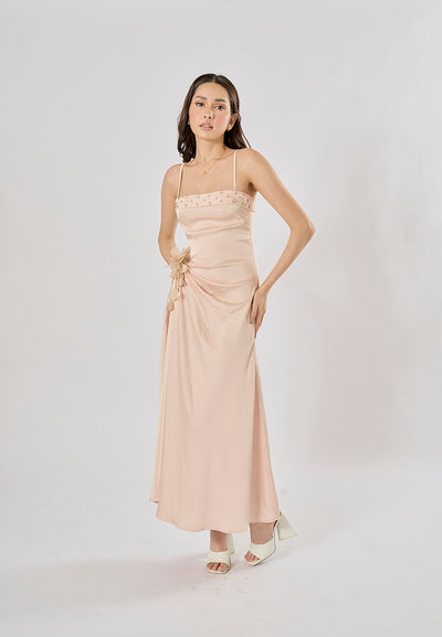 Imogen Light Pink Sleveless Satin Flower and Rhinestone Midi Dress