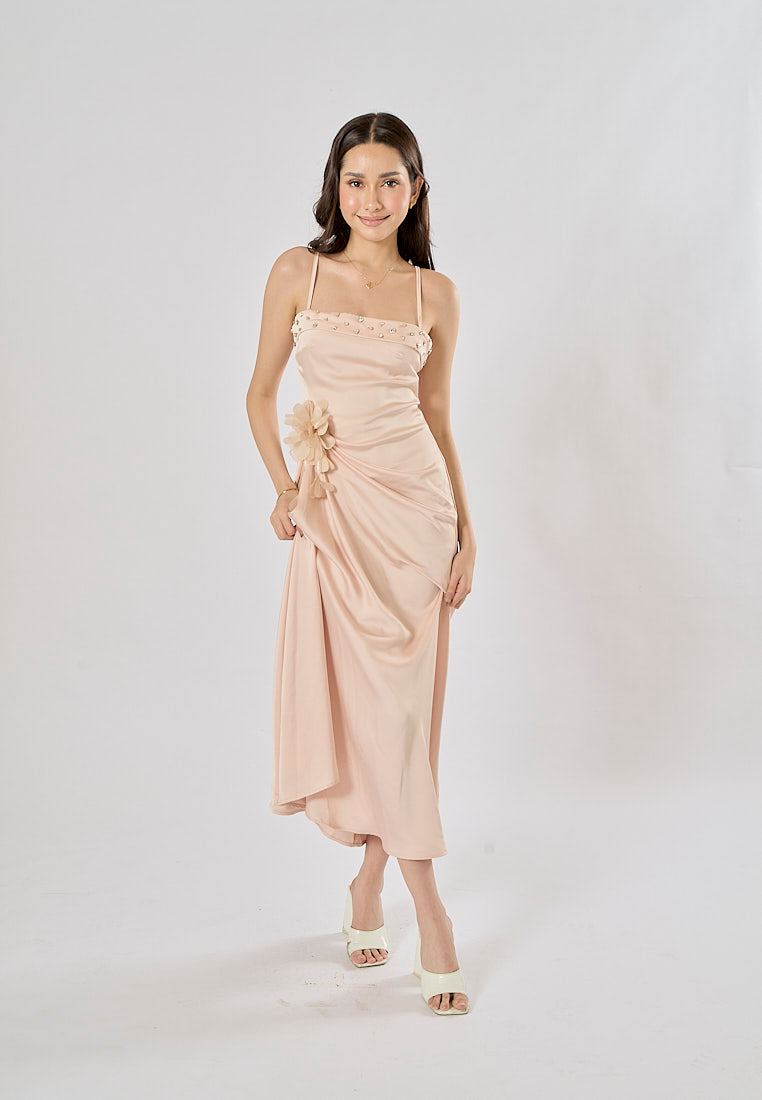 Imogen Light Pink Sleveless Satin Flower and Rhinestone Midi Dress